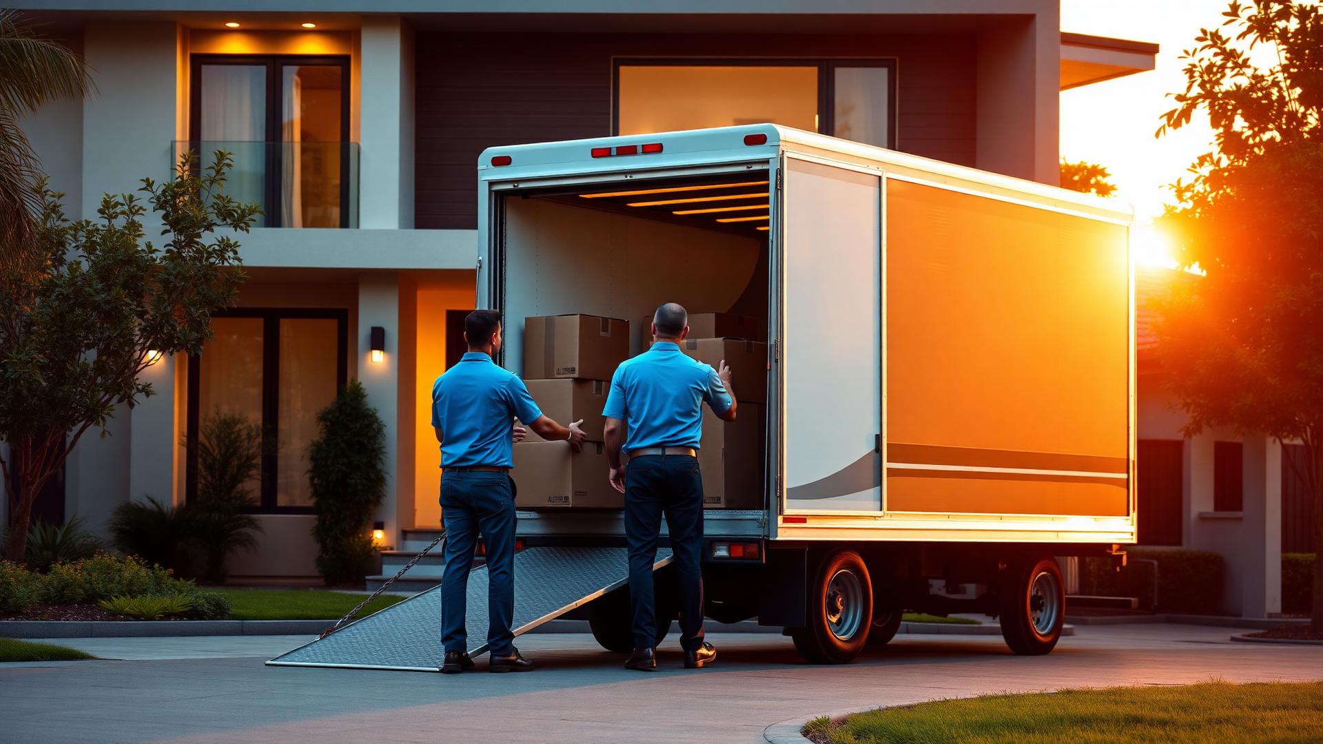 Professional movers loading a truck at sunset